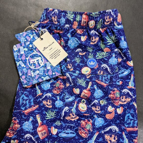 Peter Millar Seaside Ship Faced Skull Drinks Swim Trunks Size M 30 Blue Print